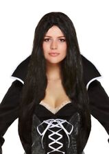 LADIES LONG BLACK WIG STRAIGHT MIDDLE PARTING HALLOWEEN FANCY DRESS MORTICIA