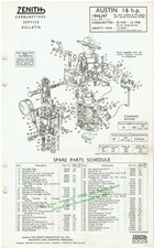 AUSTIN 16hp SALOON 1946-47 ZENITH 42 VI-8  CARB SERVICE BULLETIN/PARTS LIST