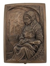 Composite Cast Relief Plaque Of An Old Lady With A Fish, 31cm X 21cm