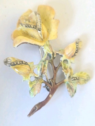 Vintage enamel marcasite rose - marcasite,