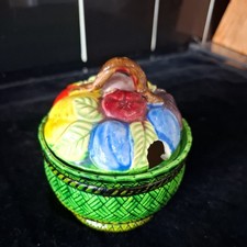 Pretty Vintage old ceramic jam pot bowl with lid. basket with fruit, japan made