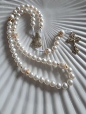 Handmade Catholic Rosary: White Pearl Beads, Gold Crucifix, Blessed