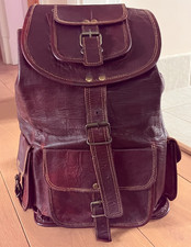 Brown leather backpack laptop bag rucksack travel pockets vintage thick leather