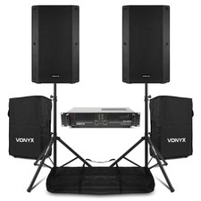 Vonyx VSA15P 15" Passive PA Speakers with Amplifier, Stands & Cases - DJ System