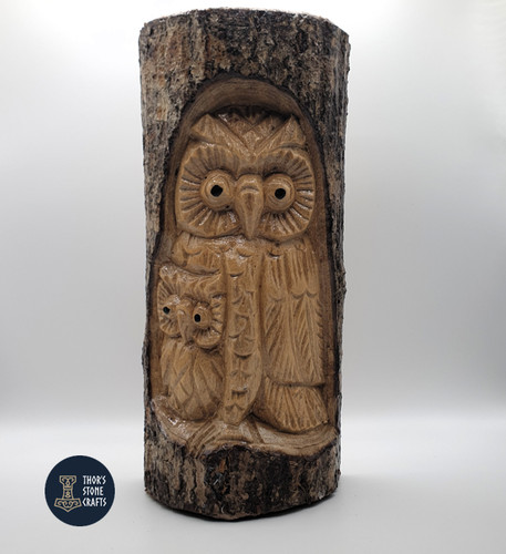 Wise owl family wood carving - wise,