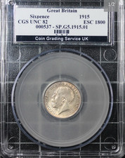 1915 George 5th  Silver Sixpence CGS 82 UNCIRCULATED STUNNING