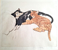 GEORGE VERNON STOKES 1873-1954 LARGE SIGNED COLOURED ETCHING PAIR OF CATS