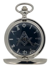 New Vintage Masonic Quartz Silver Case Pocket Watch and Chain Boxed