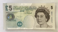 Five pound note used salmon - note, used/salmon