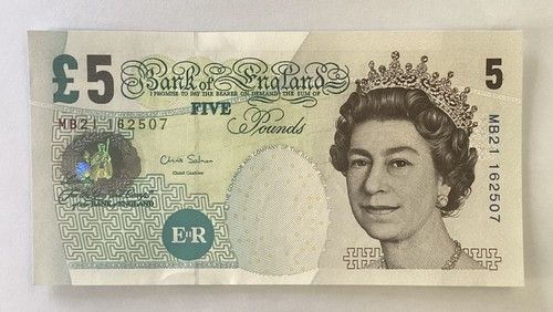 Five pound note used - pound, used/salmon