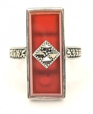 925 Sterling Silver Art Deco Style Carnelian & Marcasite Long Tablet Ring 