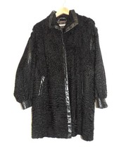 ASTRAKHAN VINTAGE LADIES BLACK  COAT -  Size L - Leather Trim & Very Warm