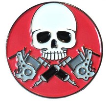 Skull With Tattoo Needle Guns Tattooist Artist Parlour Biker Metal Enamel Badge