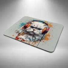 Persian Cat Mouse Mat / Pad Funny Birthday Day Office Xmas Gift DJ Headphones