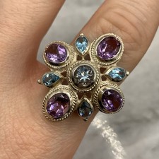 925 Sterling Silver Blue Topaz & Amethyst Cocktail Ring  - Size P