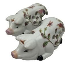 Chinese Porcelain Laying Resting Pig Animal Figurine Pair Hand Painted  Vintage