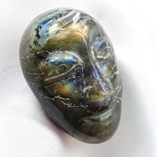 Vtg 1990s Labradorite Face Brooch Unisex Ethnic Mask Iridescent Carved Gemstone