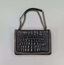 Zara Black Real Leather Croc Chain Shoulder Bag Flap