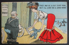 1908 SEASIDE Comic LADY HIRE BATHING COSTUME TOO SMALL BIT TIGHT NEED SHOE HORN