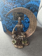 Guan Yin in Royal Ease Pose on Crescent Moon with Heart Sutra Statue.