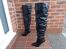 BLACK RUCHED PU LEATHER THIGH HIGH BOOTS * 7 uk * CLUBBING * FXTISH * DOMINATRIX