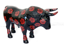 Spanish Black Bull Sculpture with Carnation Decor. Unusual Resin Piece, 17cms