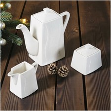 Teapot Porcelain Ceramic Set 3-Piece with Milk Jug & Sugar Bowl Cream White