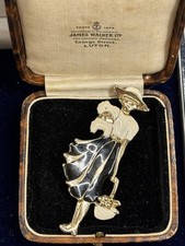 Vintage Enamel Lady Dog Brooch Pin Gold Tone Black White Figural Jewellery