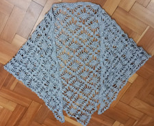 Hand crocheted  shawl in a silver yarn - peacock feather design - Beautiful