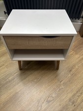 Bedside Table Nightstand With One Drawer White And Wood Drawer And Legs.
