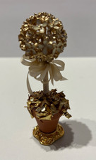 Dolls house gold metal topiary tree with diamonte stones, ribbon in clay pot