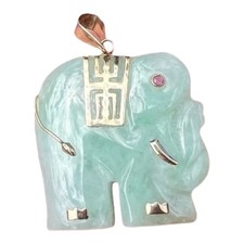 9ct Gold Carved Jade Elephant Pendant With Pink Sapphire Eye 25mm 7.5g