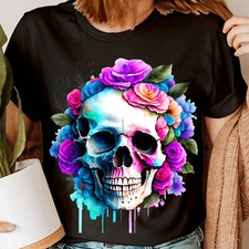 Colorful Flower Skull Slogan Rocker Biker Skeleton Womens T-Shirts Tee Top #NED