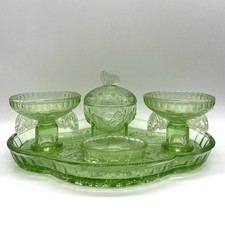Vintage Art Deco Green Glass Butterfly Motif 5 Piece Vanity Dressing Table Set
