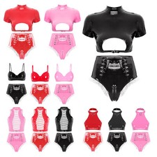 UK Womens Clubwear Party Outfit Pole Dance Cutout Back Crop Top Skirt Lingerie 