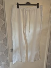 Ladies 'Cotton Traders' White Linen Wide Leg Trousers.Zip Up. Drawstring.Size 20