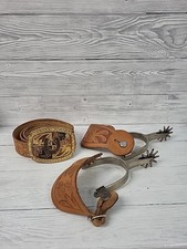 Cowboy Leather 10 Prong Spurs & Hand Carved Leather Belt Small. PN
