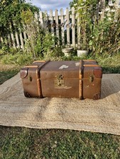 Antique Vintage Victorian STEAMER TRUNK ORIGINAL LABELS- coffee table - storage
