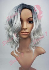 W108 Ombre Silver Grey Black Roots Medium Length Beach Waves Wig - studio7-uk