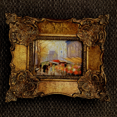 Framed flower market scene