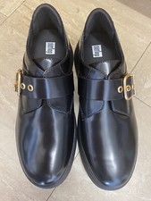 Fitflop UK 6 F-Mode Box-Leather Flatform Monk Strap Shoes Black