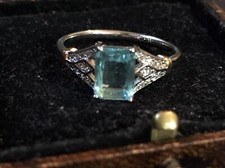 Vintage Style Jewellery Aquamarine Ring 18K White Gold Plated