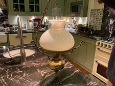 Electric Brass Milk Glass Chandelier Pendant Light Oil Lamp c1950-1980
