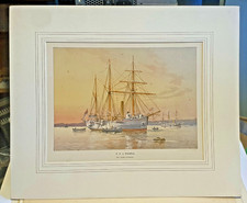 H.M.S. Bramble 1st class Gunboat by W.Fred Mitchell Antique Print Chromolitho