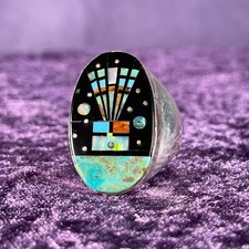 Native American Navajo Sterling Silver Ring Round 925 Gilbert Smith Night Sky
