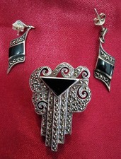 Marcasite and Onyx Brooch Plus Earings 925 Silver Set