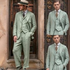 Green Linen 3Pcs Men Suits