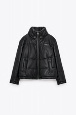 Zara Genuine Black Leather Quilted Puffer Jacket Size Small New With Tags