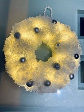 Handmade Christmas Wreath with Lights – White Fluffy Yarn, Baubles - 30cm - 12in