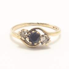 Vintage Sapphire & Diamond Three Stone Trilogy Ring 9ct Yellow Gold J
